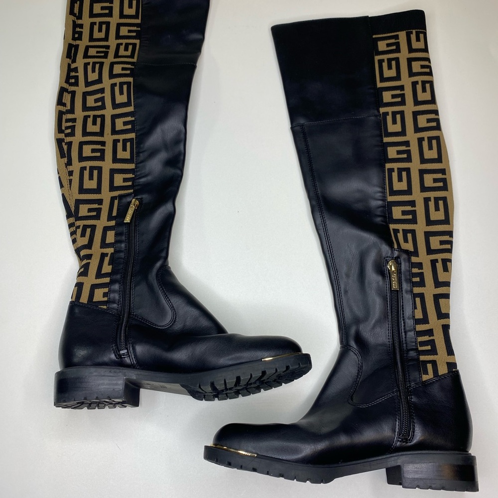 Guess Black Over-the-Knee Boots with Tan Logo Panel